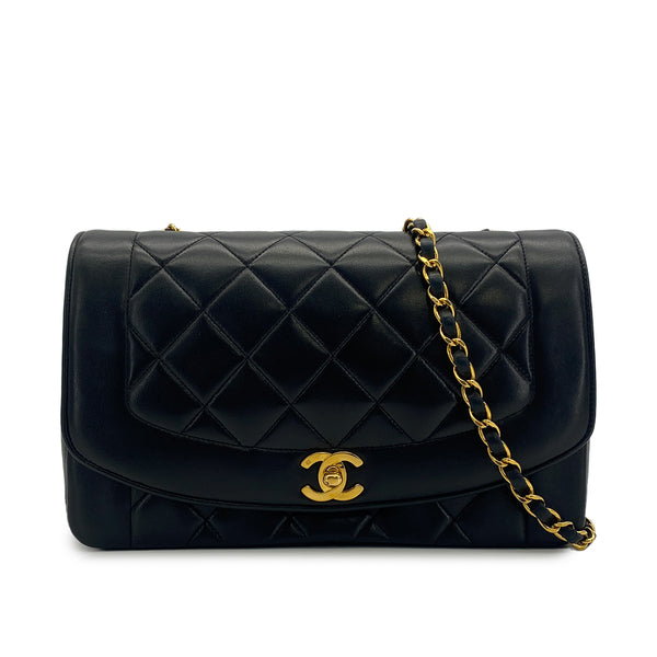 VINTAGE CHANEL DIANA MEDIUM CHAIN SHOULDER BAG BLACK LAMB SKIN GOLD HARDWARE 90317869