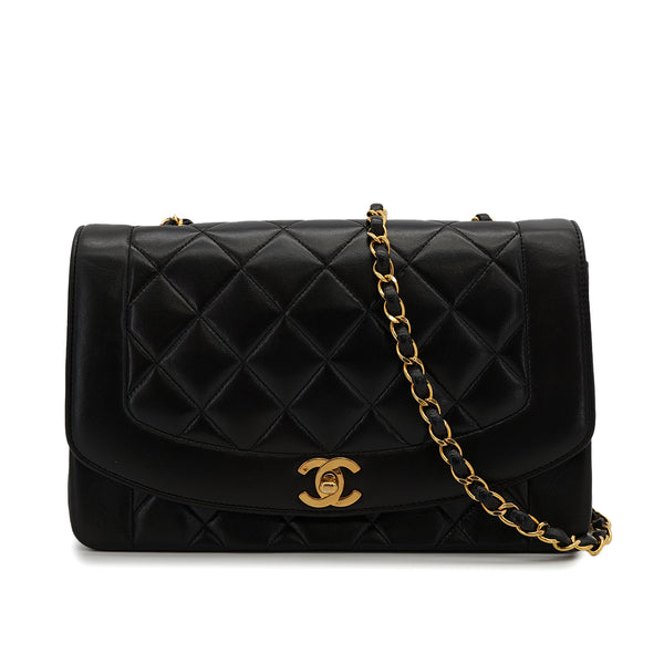 VINTAGE CHANEL DIANA MEDIUM CHAIN SHOULDER BAG BLACK LAMB SKIN GOLD HARDWARE 90322156