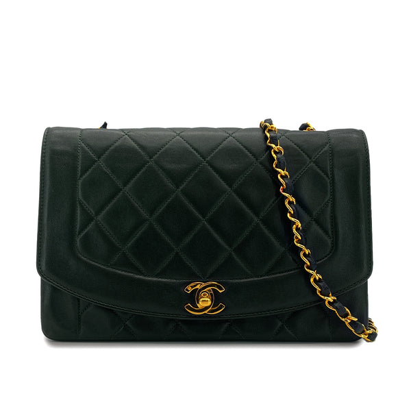 VINTAGE CHANEL DIANA MEDIUM CHAIN SHOULDER BAG DARK GREEN LAMB SKIN GOLD HARDWARE 90323198