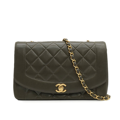 VINTAGE CHANEL DIANA MEDIUM CHAIN SHOULDER BAG KHAKI LAMB SKIN GOLD HARDWARE 90343619