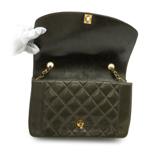 VINTAGE CHANEL DIANA MEDIUM CHAIN SHOULDER BAG KHAKI LAMB SKIN GOLD HARDWARE 90343619