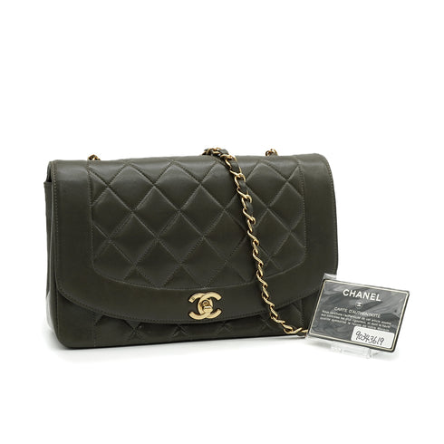VINTAGE CHANEL DIANA MEDIUM CHAIN SHOULDER BAG KHAKI LAMB SKIN GOLD HARDWARE 90343619