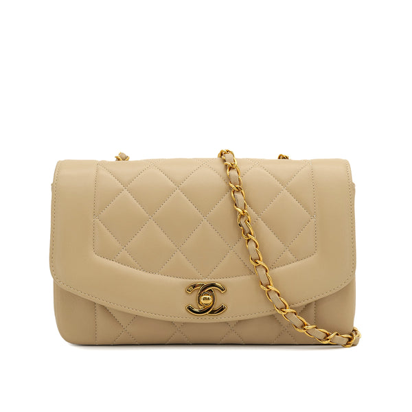 VINTAGE CHANEL DIANA SMALL CHAIN SHOULDER BAG BEIGE LAMB SKIN GOLD HARDWARE 90317865