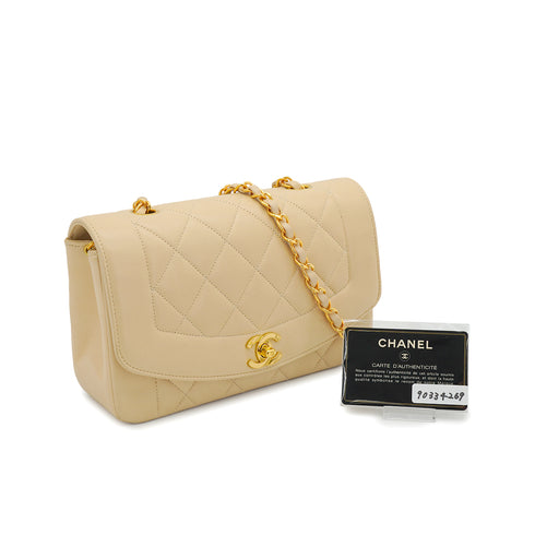 VINTAGE CHANEL DIANA SMALL CHAIN SHOULDER BAG BEIGE LAMB SKIN GOLD HARDWARE 90334269