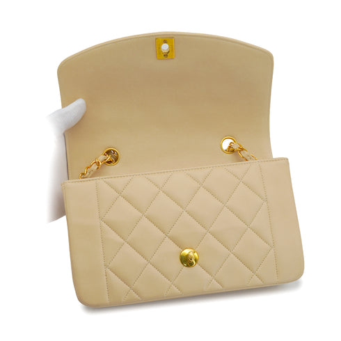 VINTAGE CHANEL DIANA SMALL CHAIN SHOULDER BAG BEIGE LAMB SKIN GOLD HARDWARE 90334269