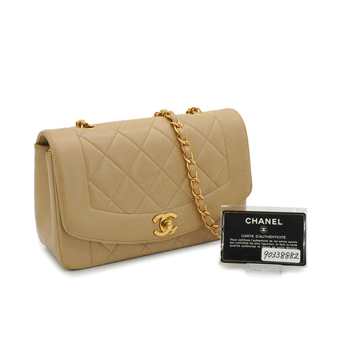 VINTAGE CHANEL DIANA SMALL CHAIN SHOULDER BAG BEIGE LAMB SKIN GOLD HARDWARE 90338882