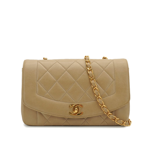 VINTAGE CHANEL DIANA SMALL CHAIN SHOULDER BAG BEIGE LAMB SKIN GOLD HARDWARE 90338882