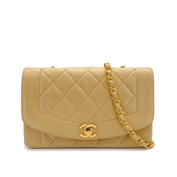 VINTAGE CHANEL DIANA SMALL CHAIN SHOULDER BAG BEIGE LAMB SKIN GOLD HARDWARE 90324844