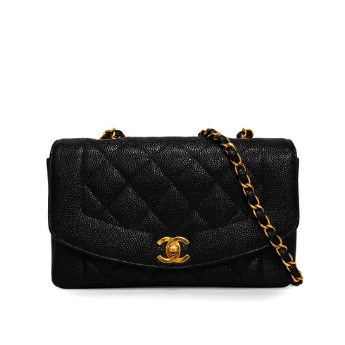 VINTAGE CHANEL DIANA SMALL CHAIN SHOULDER BAG BLACK CAVIR SKIN GOLD HARDWARE 90340455