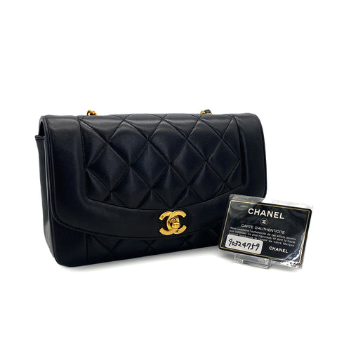 VINTAGE CHANEL DIANA SMALL CHAIN SHOULDER BAG BLACK LAMB SKIN GOLD HARDWARE 90324759