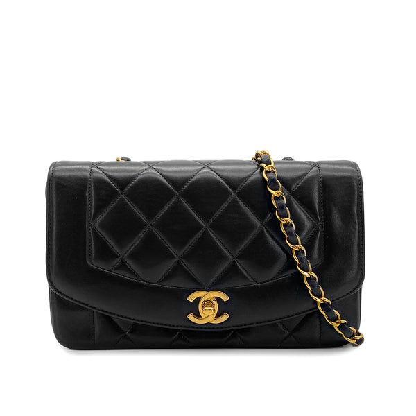 VINTAGE CHANEL DIANA SMALL CHAIN SHOULDER BAG BLACK LAMB SKIN GOLD HARDWARE 90324829