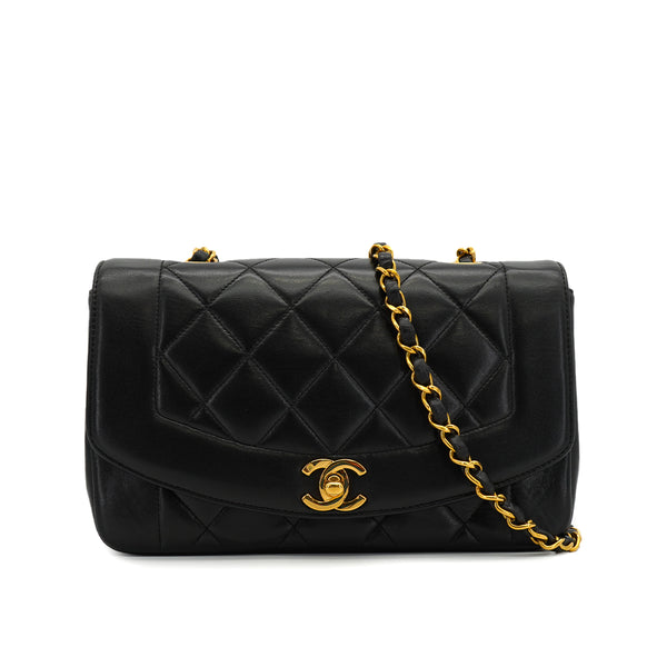VINTAGE CHANEL DIANA SMALL CHAIN SHOULDER BAG BLACK LAMB SKIN GOLD HARDWARE 90327080
