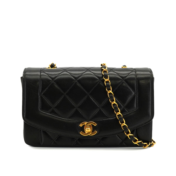 VINTAGE CHANEL DIANA SMALL CHAIN SHOULDER BAG BLACK LAMB SKIN GOLD HARDWARE 90327993