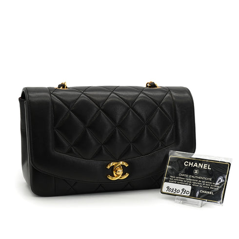 VINTAGE CHANEL DIANA SMALL CHAIN SHOULDER BAG BLACK LAMB SKIN GOLD HARDWARE 90330930