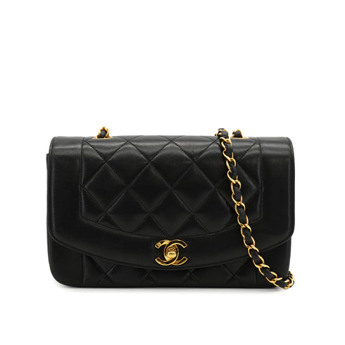 VINTAGE CHANEL DIANA SMALL CHAIN SHOULDER BAG BLACK LAMB SKIN GOLD HARDWARE 90331243