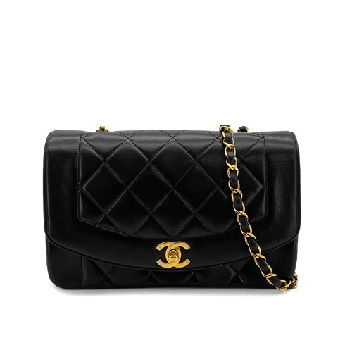 VINTAGE CHANEL DIANA SMALL CHAIN SHOULDER BAG BLACK LAMB SKIN GOLD HARDWARE 90314586