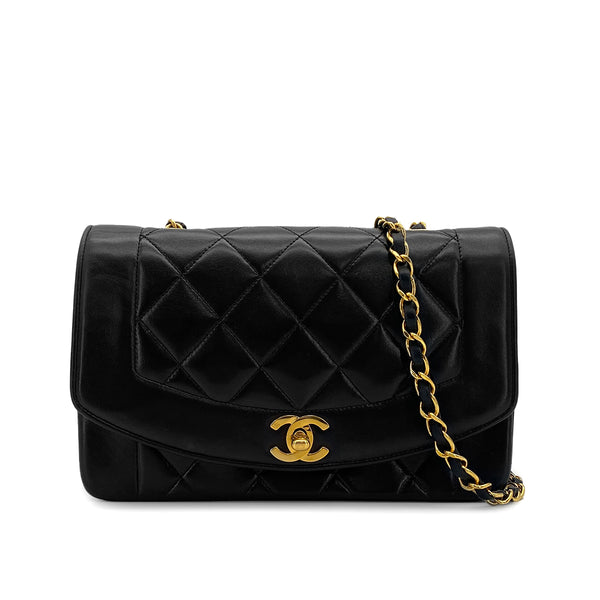 VINTAGE CHANEL DIANA SMALL CHAIN SHOULDER BAG BLACK LAMB SKIN GOLD HARDWARE 90317726