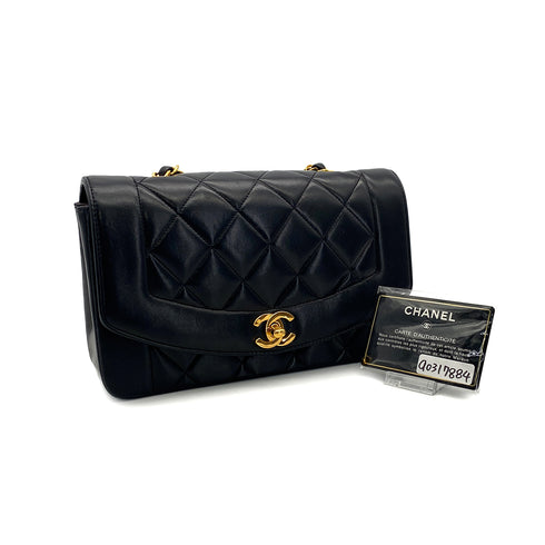VINTAGE CHANEL DIANA SMALL CHAIN SHOULDER BAG BLACK LAMB SKIN GOLD HARDWARE 90317884