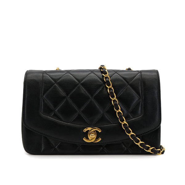 VINTAGE CHANEL DIANA SMALL CHAIN SHOULDER BAG BLACK LAMB SKIN GOLD HARDWARE 90318631