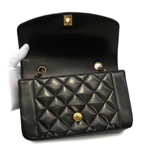 VINTAGE CHANEL DIANA SMALL CHAIN SHOULDER BAG BLACK LAMB SKIN GOLD HARDWARE 90334498