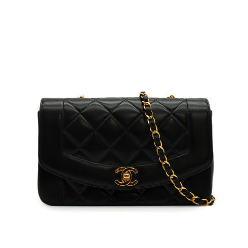 VINTAGE CHANEL DIANA SMALL CHAIN SHOULDER BAG BLACK LAMB SKIN GOLD HARDWARE 90337270