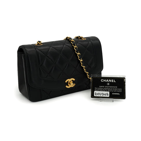 VINTAGE CHANEL DIANA SMALL CHAIN SHOULDER BAG BLACK LAMB SKIN GOLD HARDWARE 90337658