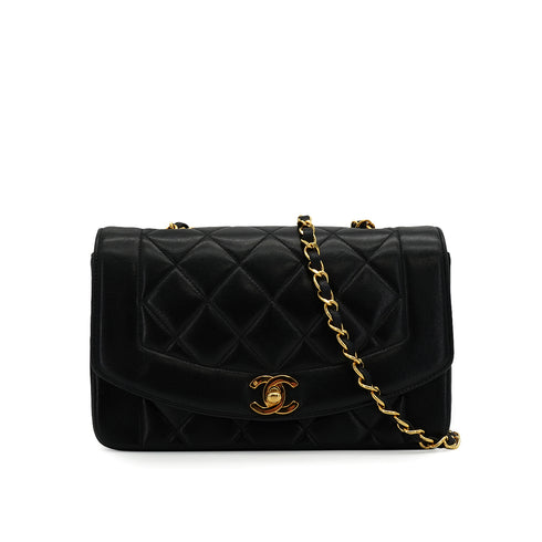 VINTAGE CHANEL DIANA SMALL CHAIN SHOULDER BAG BLACK LAMB SKIN GOLD HARDWARE 90337658
