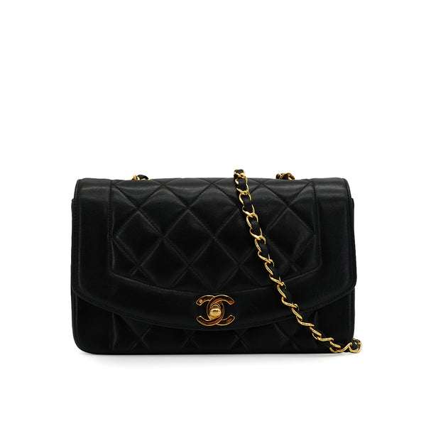 VINTAGE CHANEL DIANA SMALL CHAIN SHOULDER BAG BLACK LAMB SKIN GOLD HARDWARE 90337658