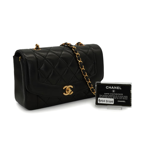VINTAGE CHANEL DIANA SMALL CHAIN SHOULDER BAG BLACK LAMB SKIN GOLD HARDWARE 90340144