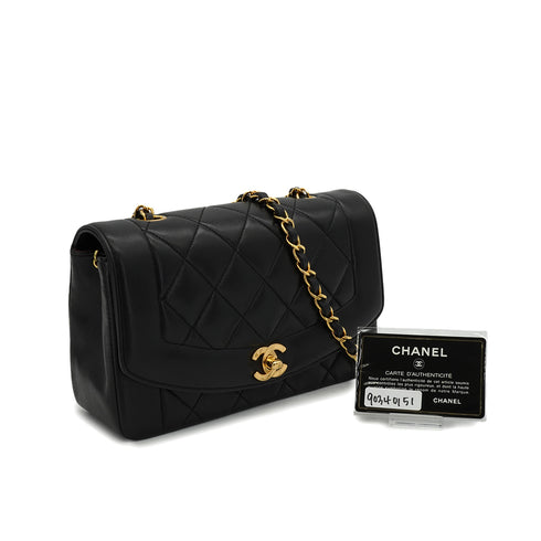 VINTAGE CHANEL DIANA SMALL CHAIN SHOULDER BAG BLACK LAMB SKIN GOLD HARDWARE 90340151