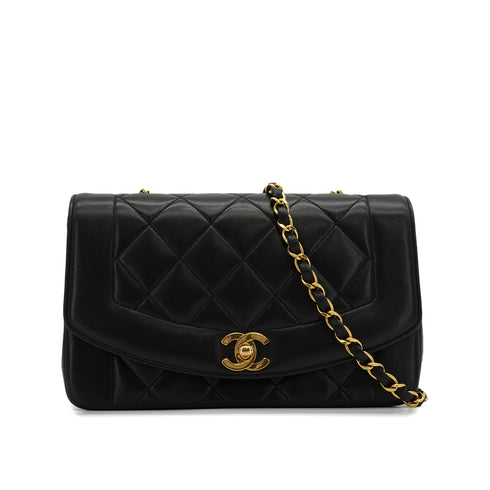 VINTAGE CHANEL DIANA SMALL CHAIN SHOULDER BAG BLACK LAMB SKIN GOLD HARDWARE 90340151