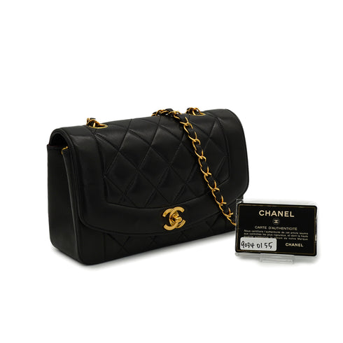 VINTAGE CHANEL DIANA SMALL CHAIN SHOULDER BAG BLACK LAMB SKIN GOLD HARDWARE 90340155