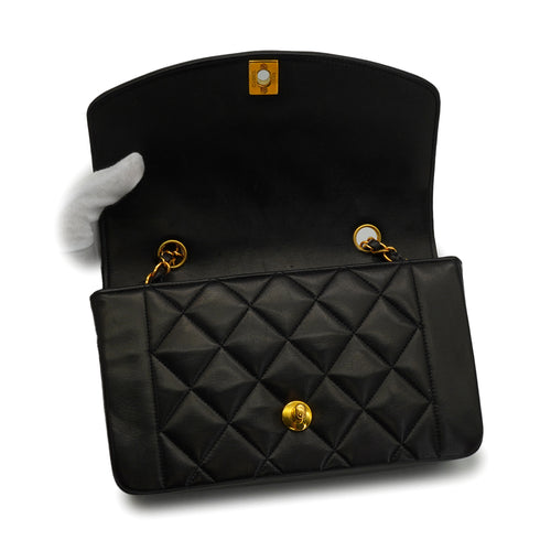 VINTAGE CHANEL DIANA SMALL CHAIN SHOULDER BAG BLACK LAMB SKIN GOLD HARDWARE 90340155