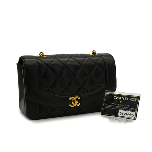 VINTAGE CHANEL DIANA SMALL CHAIN SHOULDER BAG BLACK LAMB SKIN GOLD HARDWARE 90340487