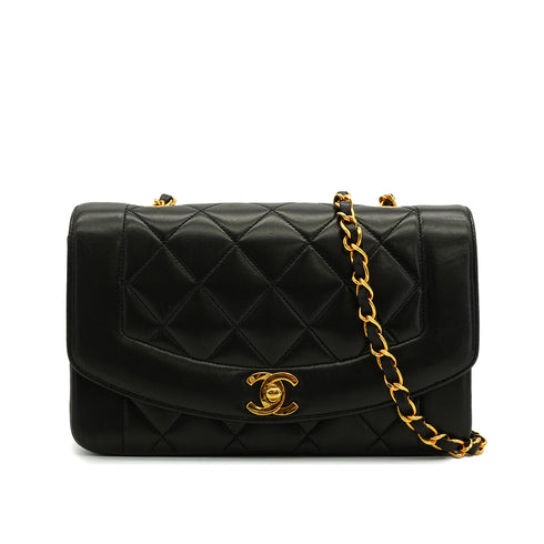 VINTAGE CHANEL DIANA SMALL CHAIN SHOULDER BAG BLACK LAMB SKIN GOLD HARDWARE 90340487