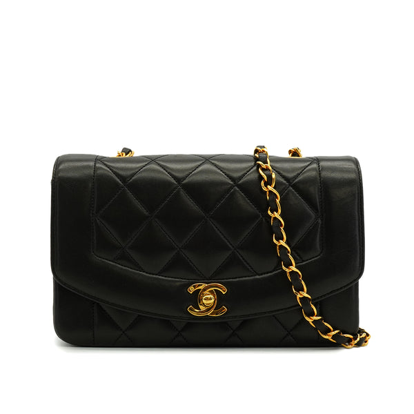 VINTAGE CHANEL DIANA SMALL CHAIN SHOULDER BAG BLACK LAMB SKIN GOLD HARDWARE 90340487