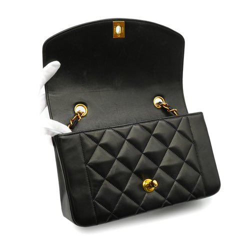 VINTAGE CHANEL DIANA SMALL CHAIN SHOULDER BAG BLACK LAMB SKIN GOLD HARDWARE 90340487