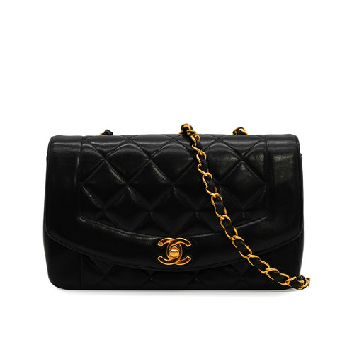 VINTAGE CHANEL DIANA SMALL CHAIN SHOULDER BAG BLACK LAMB SKIN GOLD HARDWARE 90341861