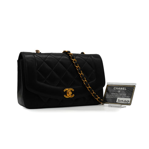 VINTAGE CHANEL DIANA SMALL CHAIN SHOULDER BAG BLACK LAMB SKIN GOLD HARDWARE 90341868