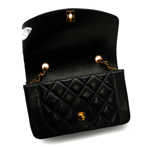 VINTAGE CHANEL DIANA SMALL CHAIN SHOULDER BAG BLACK LAMB SKIN GOLD HARDWARE 90341868