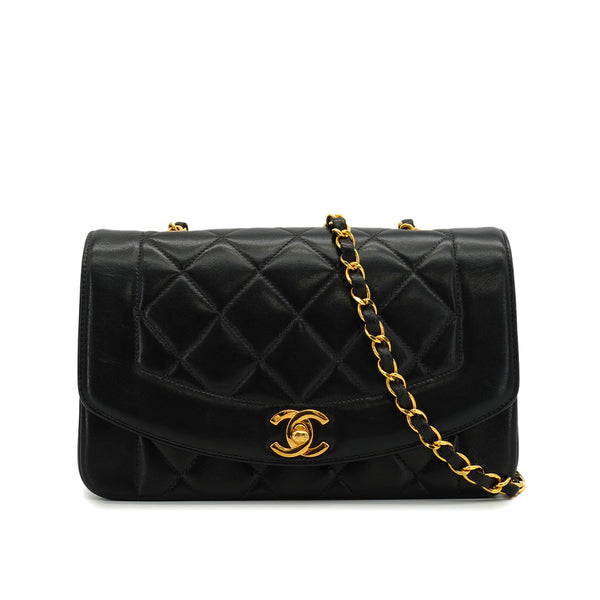 VINTAGE CHANEL DIANA SMALL CHAIN SHOULDER BAG BLACK LAMB SKIN GOLD HARDWARE 90342578
