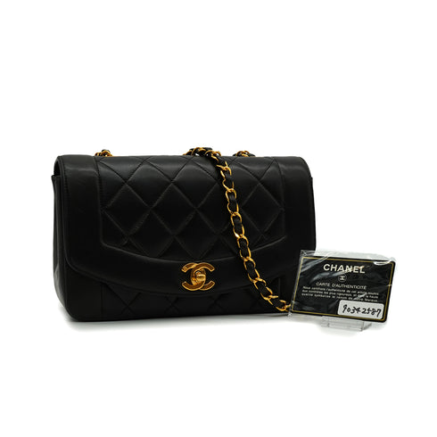 VINTAGE CHANEL DIANA SMALL CHAIN SHOULDER BAG BLACK LAMB SKIN GOLD HARDWARE 90342587