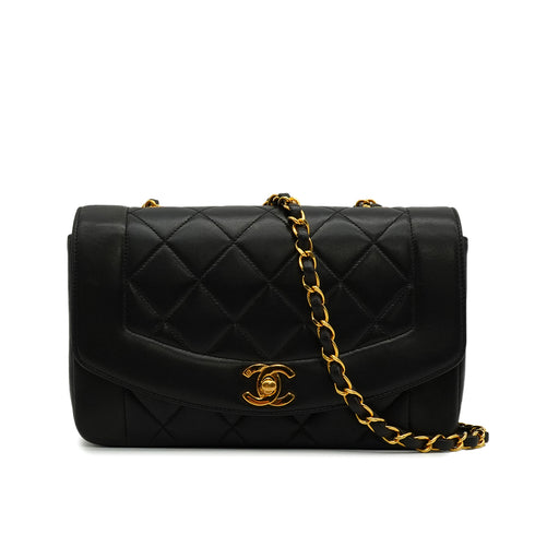 VINTAGE CHANEL DIANA SMALL CHAIN SHOULDER BAG BLACK LAMB SKIN GOLD HARDWARE 90342587