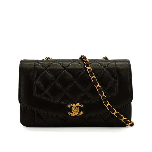 VINTAGE CHANEL DIANA SMALL CHAIN SHOULDER BAG BLACK LAMB SKIN GOLD HARDWARE 90343332
