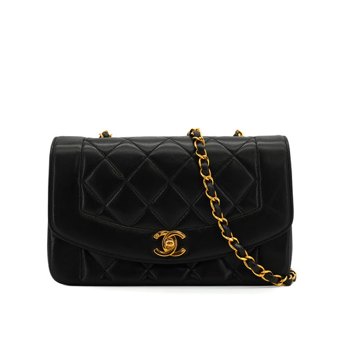 VINTAGE CHANEL DIANA SMALL CHAIN SHOULDER BAG BLACK LAMB SKIN GOLD HARDWARE 90343859