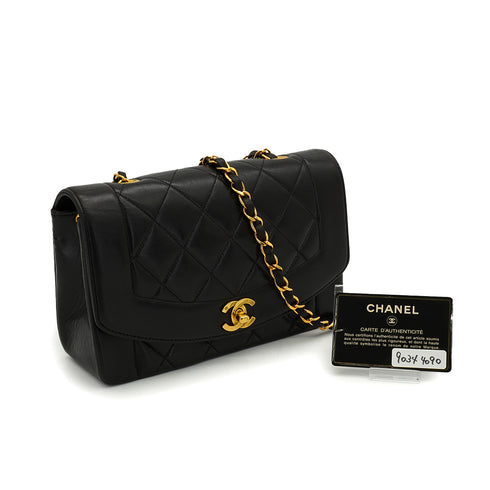 VINTAGE CHANEL DIANA SMALL CHAIN SHOULDER BAG BLACK LAMB SKIN GOLD HARDWARE 90344090