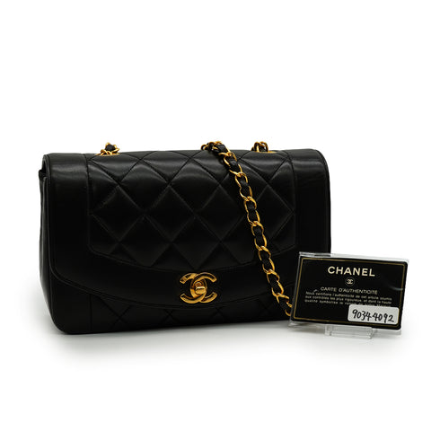 VINTAGE CHANEL DIANA SMALL CHAIN SHOULDER BAG BLACK LAMB SKIN GOLD HARDWARE 90344092