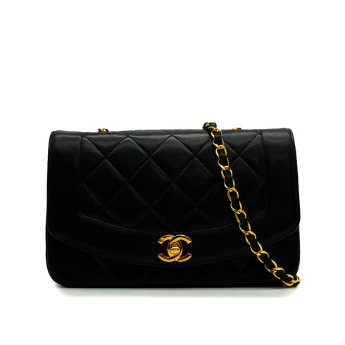 VINTAGE CHANEL DIANA SMALL CHAIN SHOULDER BAG BLACK LAMB SKIN GOLD HARDWARE 90348993