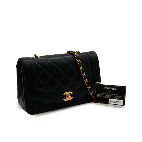 VINTAGE CHANEL DIANA SMALL CHAIN SHOULDER BAG BLACK LAMB SKIN GOLD HARDWARE 90348993
