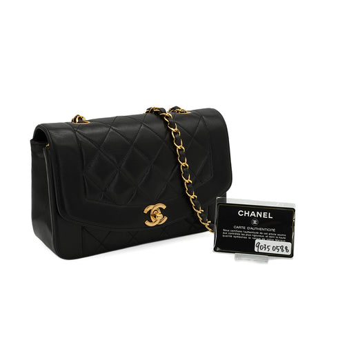 VINTAGE CHANEL DIANA SMALL CHAIN SHOULDER BAG BLACK LAMB SKIN GOLD HARDWARE 90350588